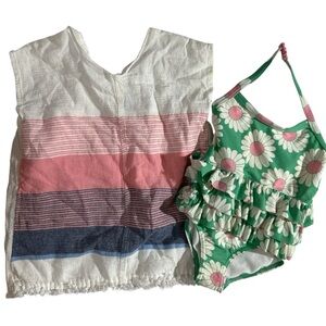 Mini Boden Pink and Green ruffle floral print one piece swim suit 18/24mo